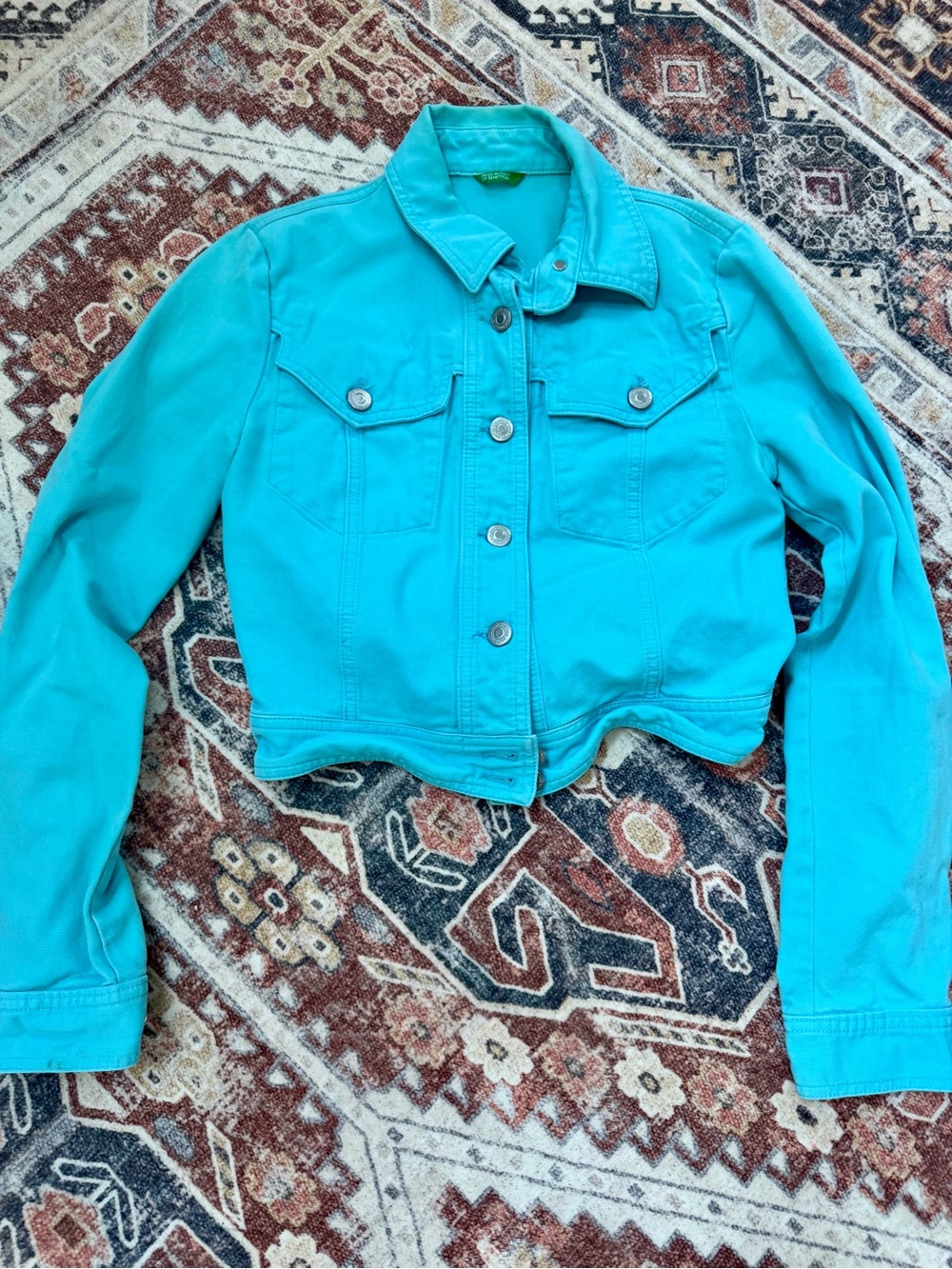 Vintage United Colors Of Benetton Turquoise Cropped Denim Jacket